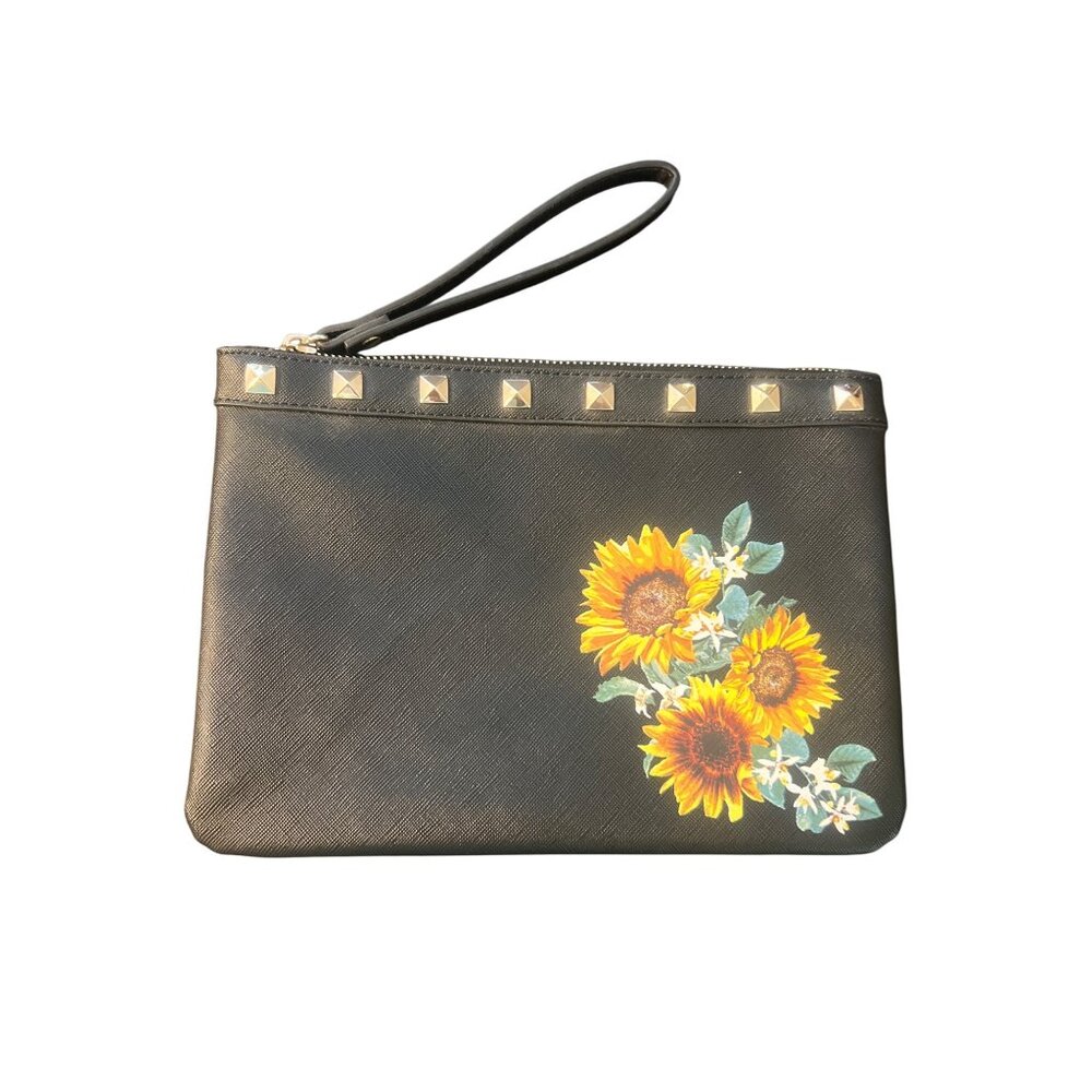 White House Black Market Black Vegan Leather Wristlet Sunflowers Flowers NWOT